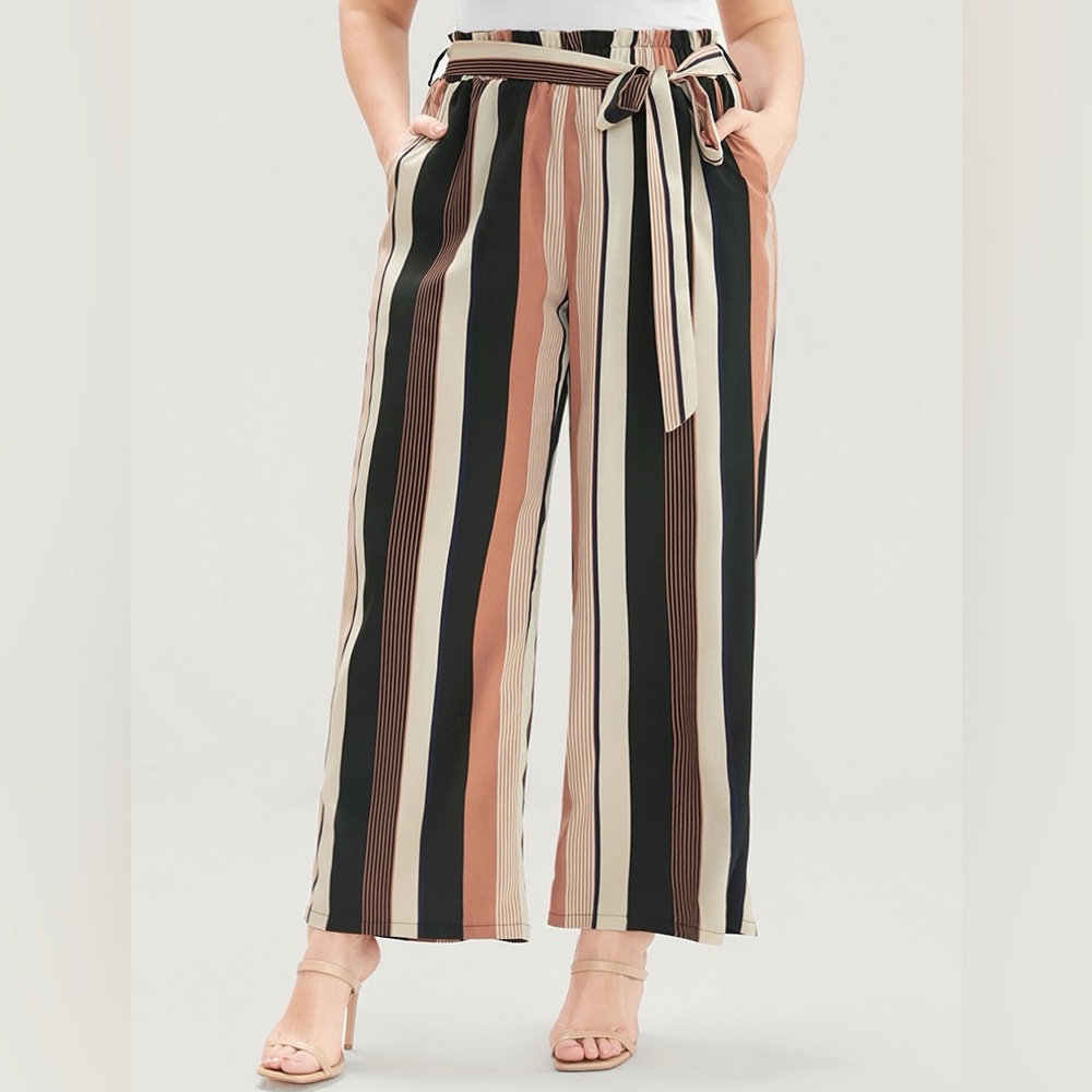 BloomChic Striped Wide Leg Pants - Black, Cream, Terra Cotta Size Large 12